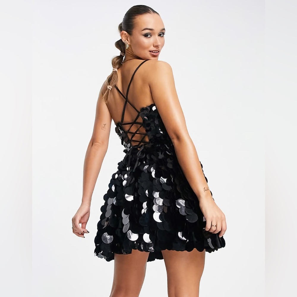 ASOS DESIGN embellished mini corset prom with oversized disc sequin in black  12